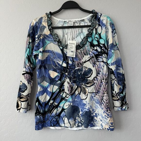 NWT Alberto Makali Large‎ Blue Floral Embroidered Ruffle 3/4 Sleeve Top 72537 - Picture 1 of 6